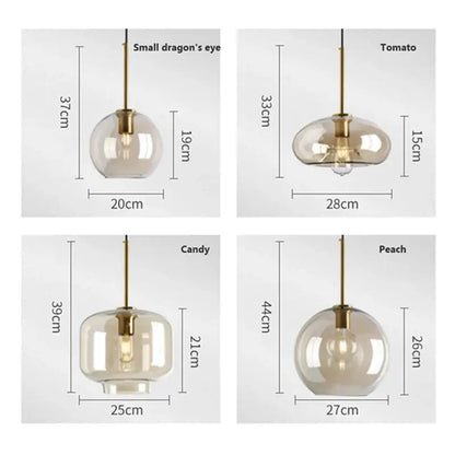 Modern smoked glass and brass pendant lights set of 6 in amber hues for dining room featuring translucent materials