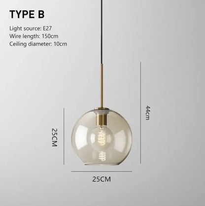 Modern smoked glass and brass pendant light with spherical glass and exposed filament bulb for dining room set of 6