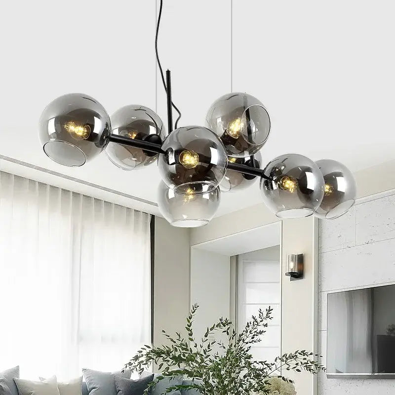 Modern black metal chandelier with multiple smoked glass globe shades glass ball pendant lights for dining room decorbites