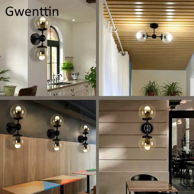 Black metal decorbites glass beans wall sconce with two clear glass globe shades for modern bedroom lighting