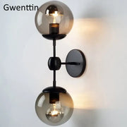 Gwenttin modern smoked glass beans wall lamp with two globe shades and black metal frame for bedroom decorbites glass beans