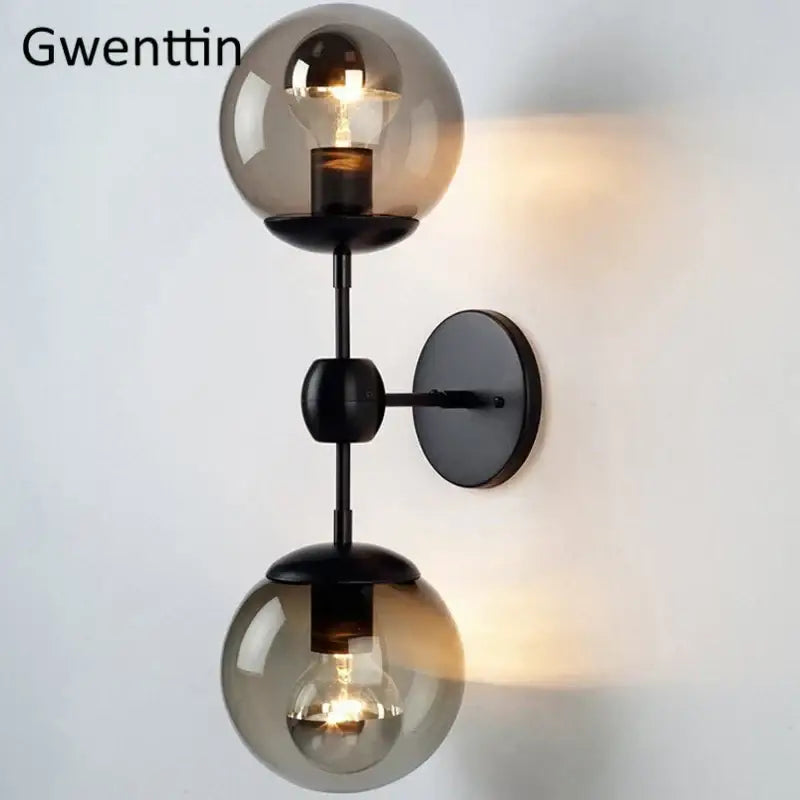 Gwenttin modern smoked glass beans wall lamp with two globe shades and black metal frame for bedroom decorbites glass beans