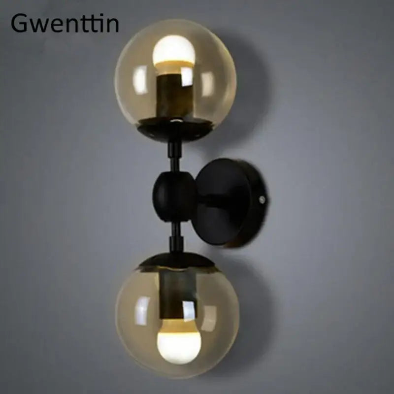 Gwenttin modern beans wall lamp with two amber glass globes and black metal fixtures for bedroom decorbites glass beans