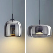 Modern smoked glass bowl chandelier pendant light with sleek black metal fixture for dining room illumination
