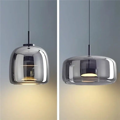 Modern smoked glass bowl chandelier pendant light with sleek black metal fixture for dining room illumination