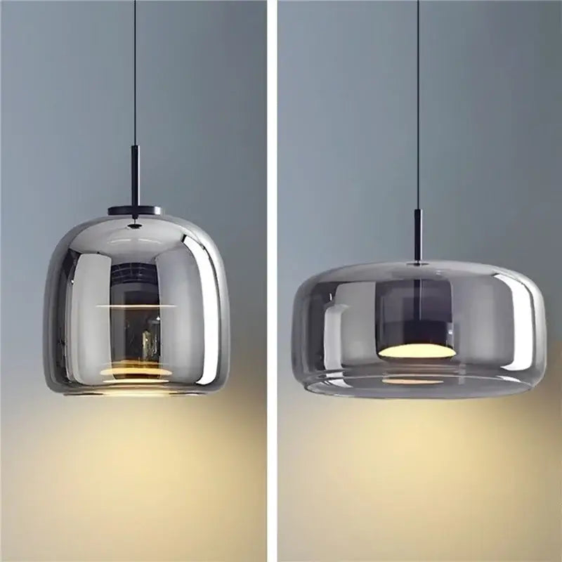 Modern smoked glass bowl chandelier pendant light with sleek black metal fixture for dining room illumination