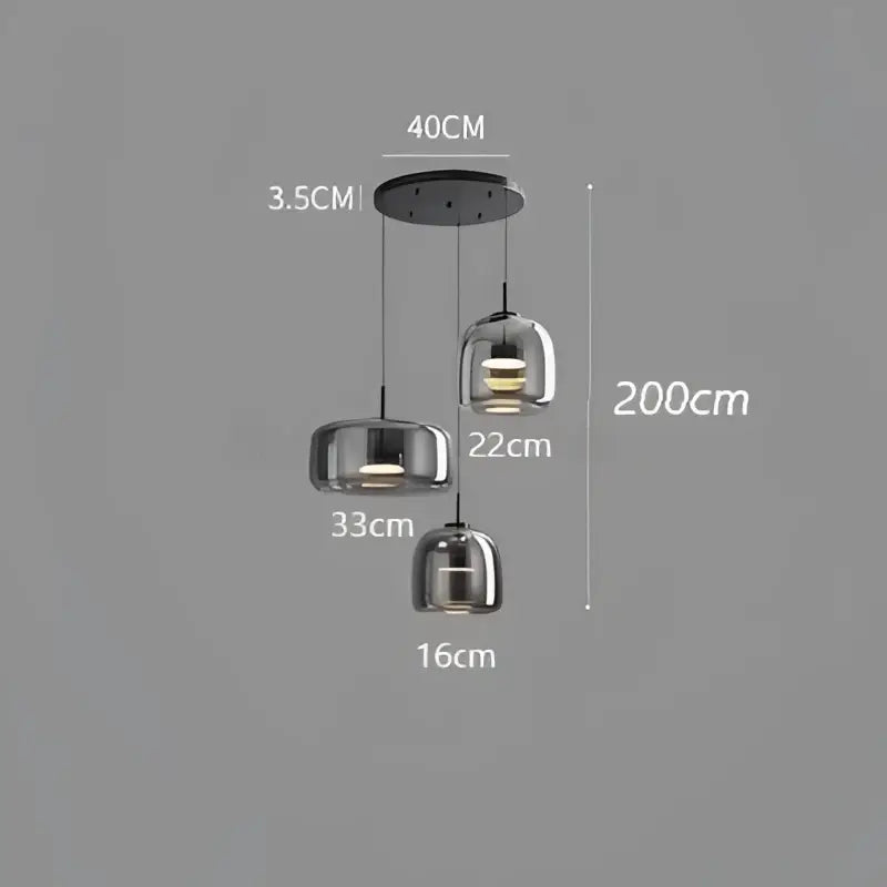 Modern chrome finished glass bowl chandelier with three tiered smoked glass shades for dining room pendant lighting