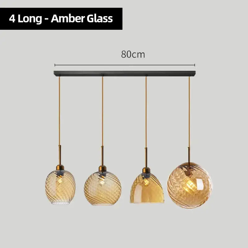 Modern smoked glass chandelier pendant lights set of 4 with amber glass and gold-toned chains for kitchen lighting