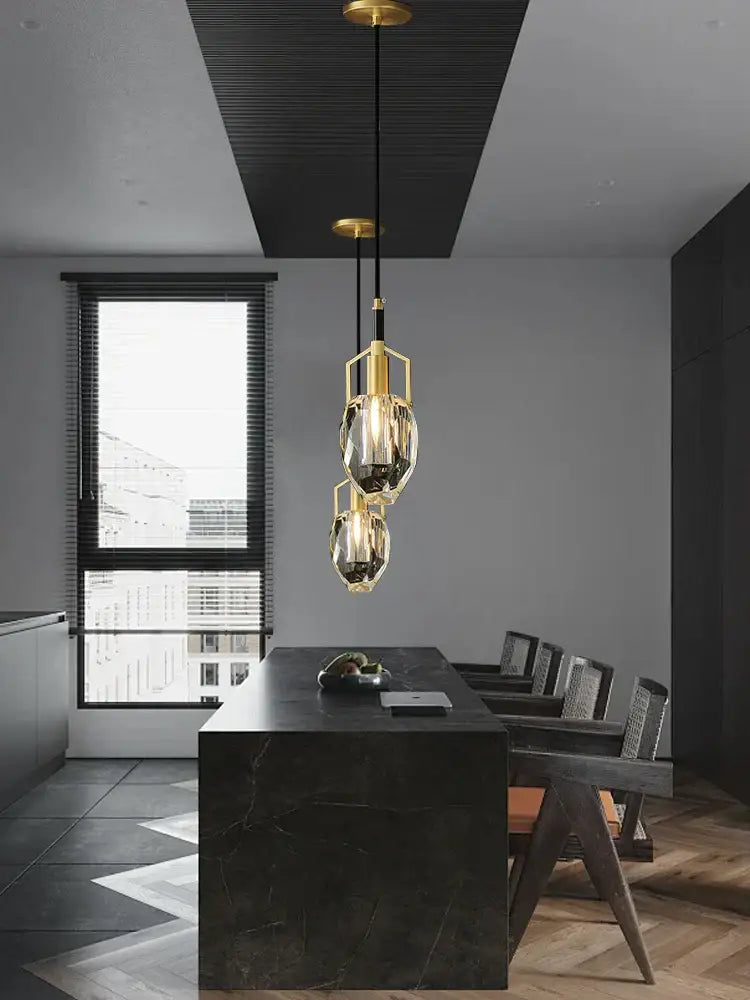 Gold-toned decorbites crystal copper pendant lights with faceted smoked glass shades for dining room decor
