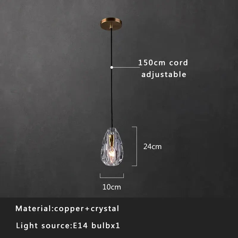 A clear faceted crystal copper pendant light with copper-toned metal and adjustable 150cm cord by decorbites crystal copper