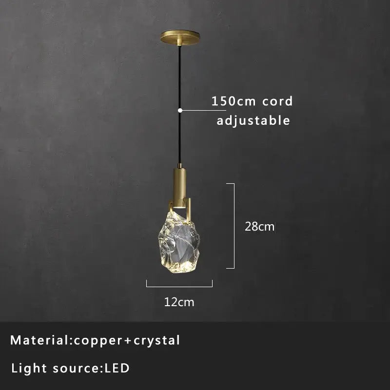 Modern pendant light with brass-finished copper fixture and irregular clear crystal glass shade by decorbites crystal copper