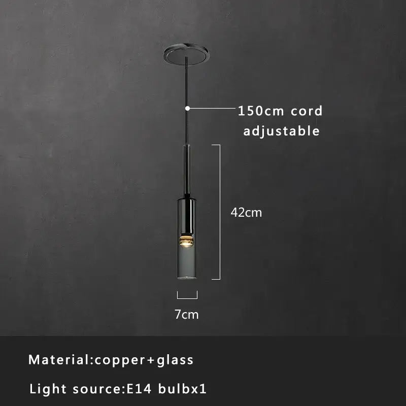 Minimalist cylindrical decorbites crystal copper pendant light with smoked glass and adjustable 150cm cord for dining room
