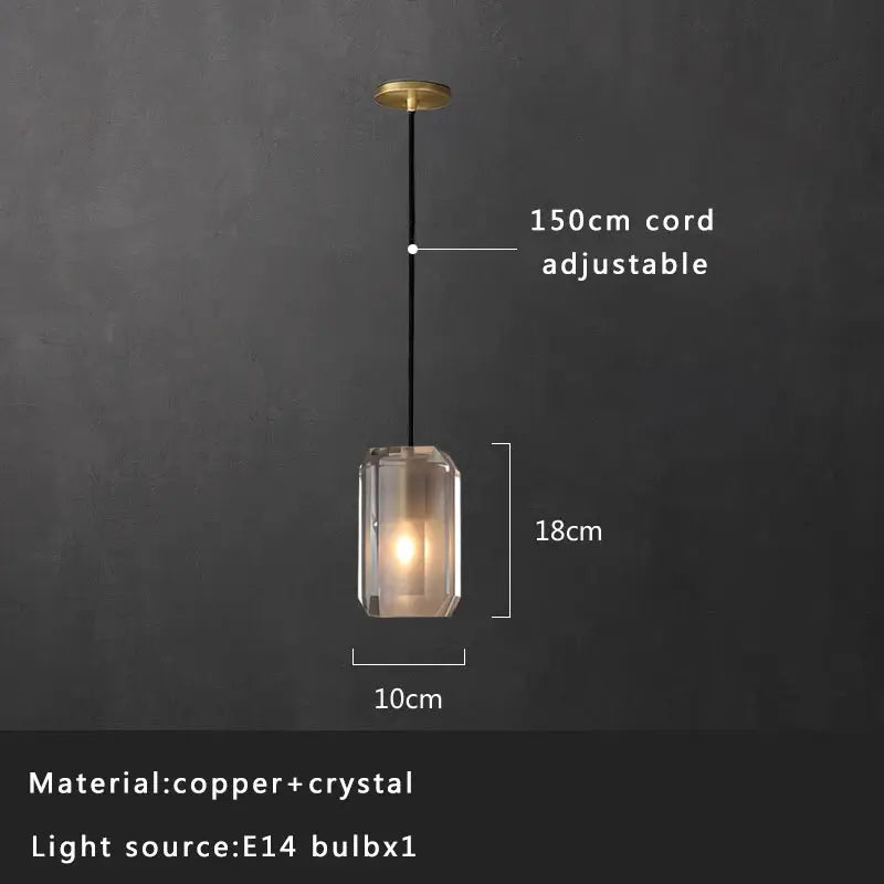 Modern smoked glass crystal copper pendant lights featuring a sleek rectangular crystal copper pendant with black cord