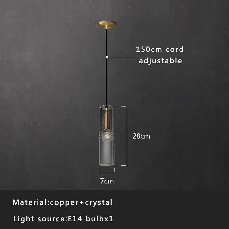 Modern smoked glass crystal copper pendant lights featuring a transparent crystal glass cylinder and brass copper top fixture