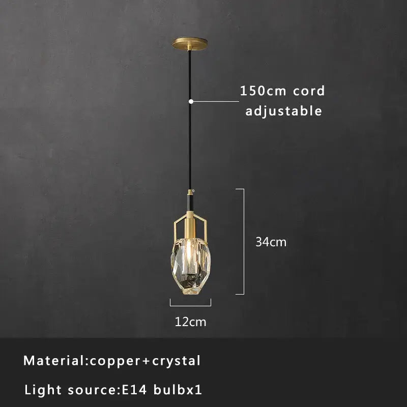 Modern smoked glass crystal copper pendant lights featuring a faceted crystal shade and copper frame on black cord