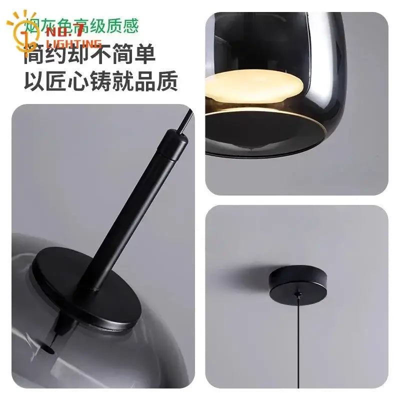 Black smoked glass pendant light with matte black metal hardware modern glass pendant lights for bedroom lighting