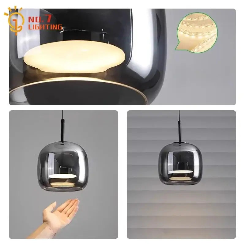 Modern black glass pendant lights with sleek rounded design and warm led illumination for bedroom lighting