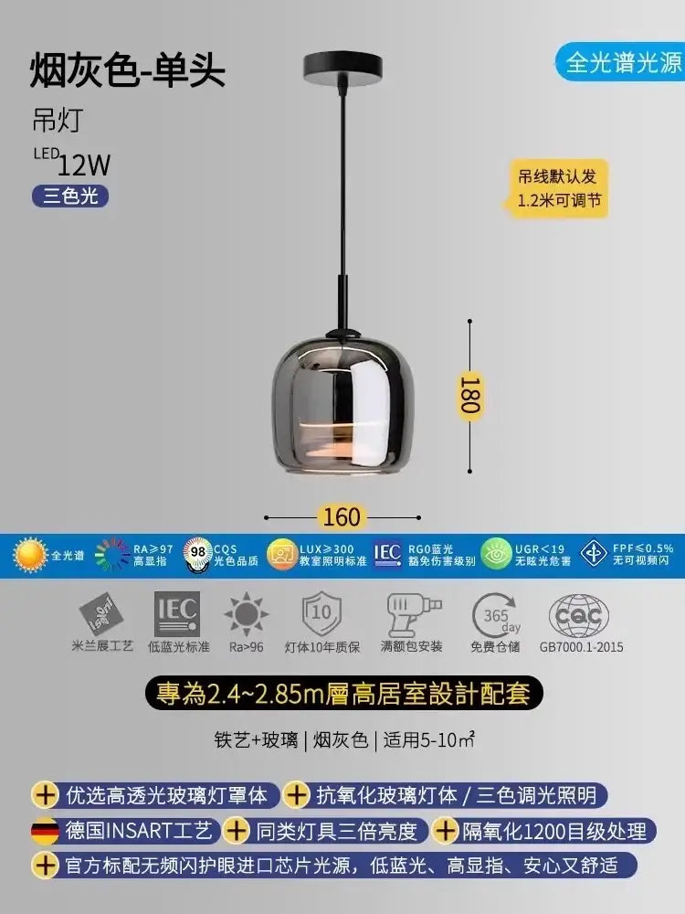 A modern smoked glass pendant light with a gray globe and black metal fixture for bedroom led lighting