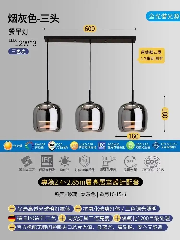 Modern smoked glass pendant lights with three chrome-finished glass globes and black frame featuring led color temperature control