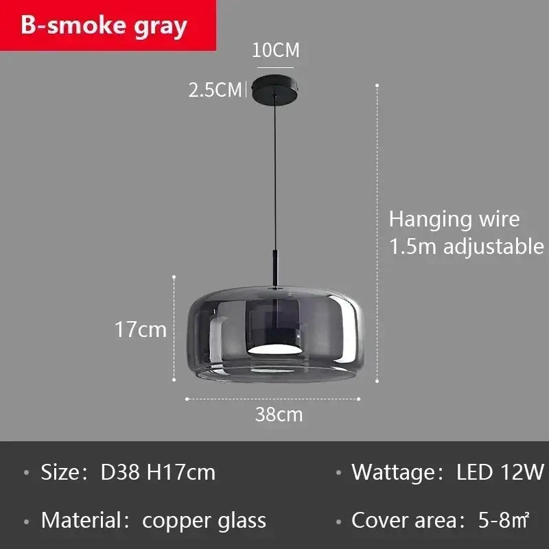 Modern smoked gray glass led pendant chandelier featuring b-smoke gray copper glass and adjustable hanging wire for dining room use