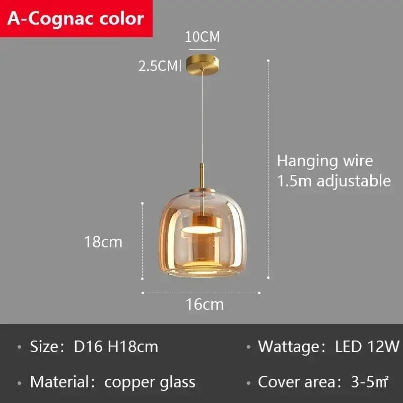 Modern glass led pendant chandelier with warm amber dome and brass finish featuring adjustable hanging wire
