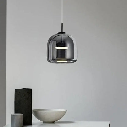 Modern smoked gray glass led pendant chandelier with dark gray dome and black metal for dining room lighting