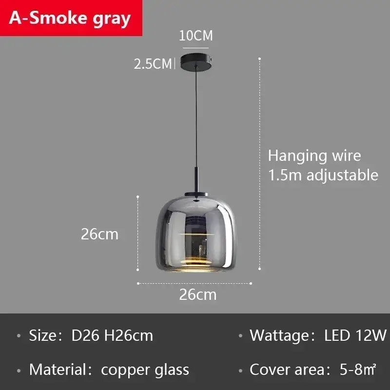 A sleek smoked gray glass led pendant chandelier with 26cm diameter and adjustable 1.5m hanging wire for dining room