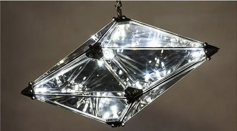 Modern smoky gray and amber diamond glass led pendant light with clear panels and black metal accents for living room
