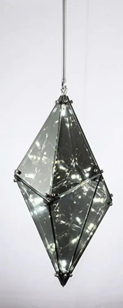 Modern smoky gray and amber diamond glass led pendant light with mirrored panels and metallic frame for living room