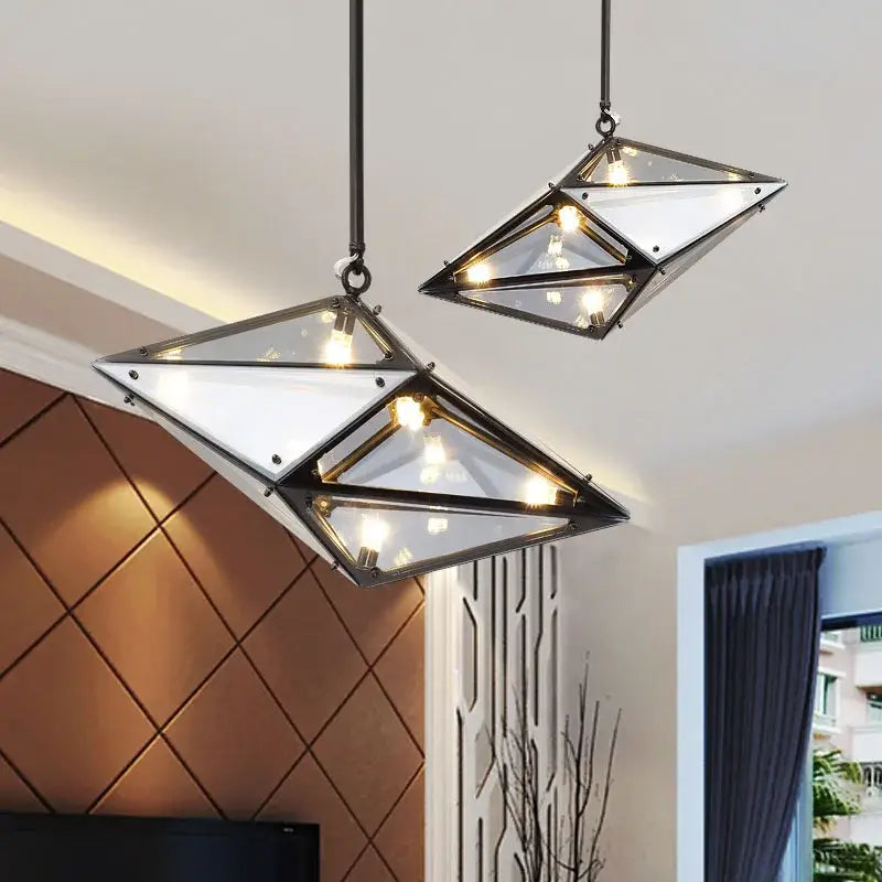 Black metal geometric pendant light with smoky gray and amber diamond glass led panels for living room use