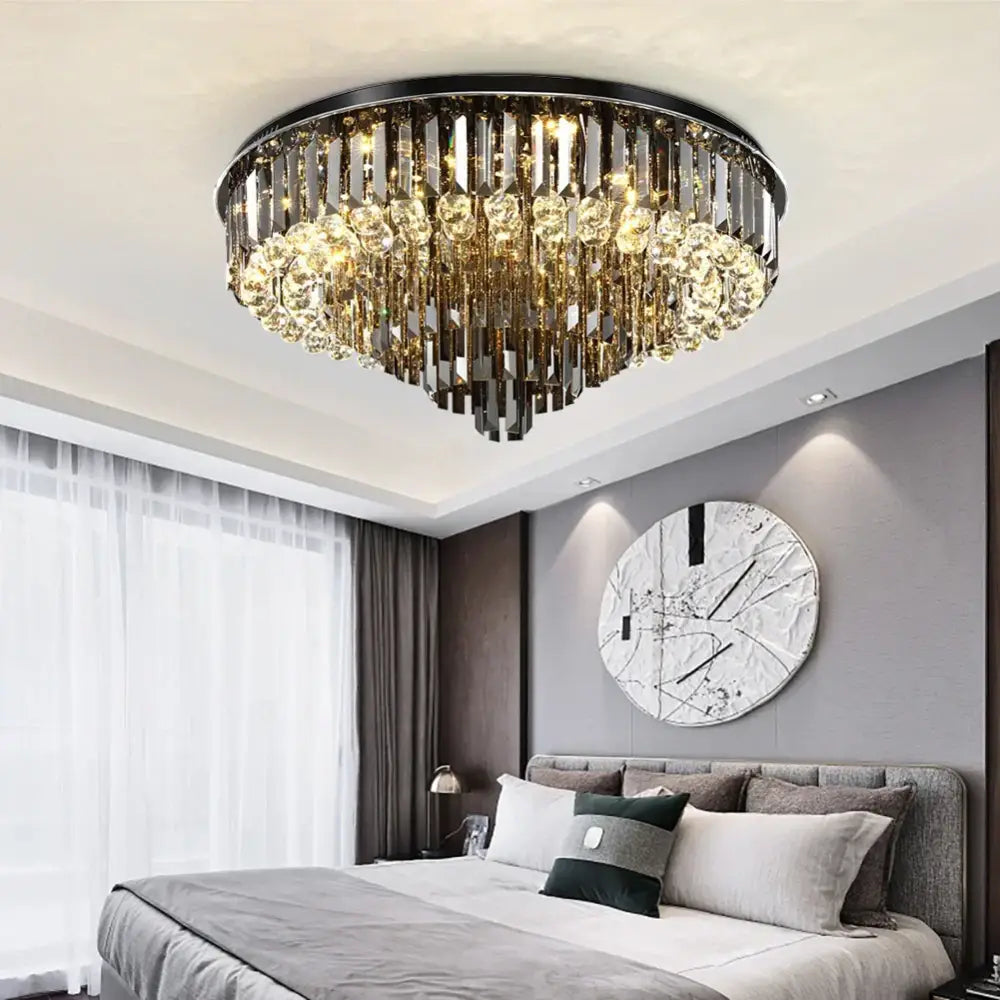 Modern smoky gray and gold crystal led chandelier with black metal frame and cascading prisms for living room decorbites crystal led