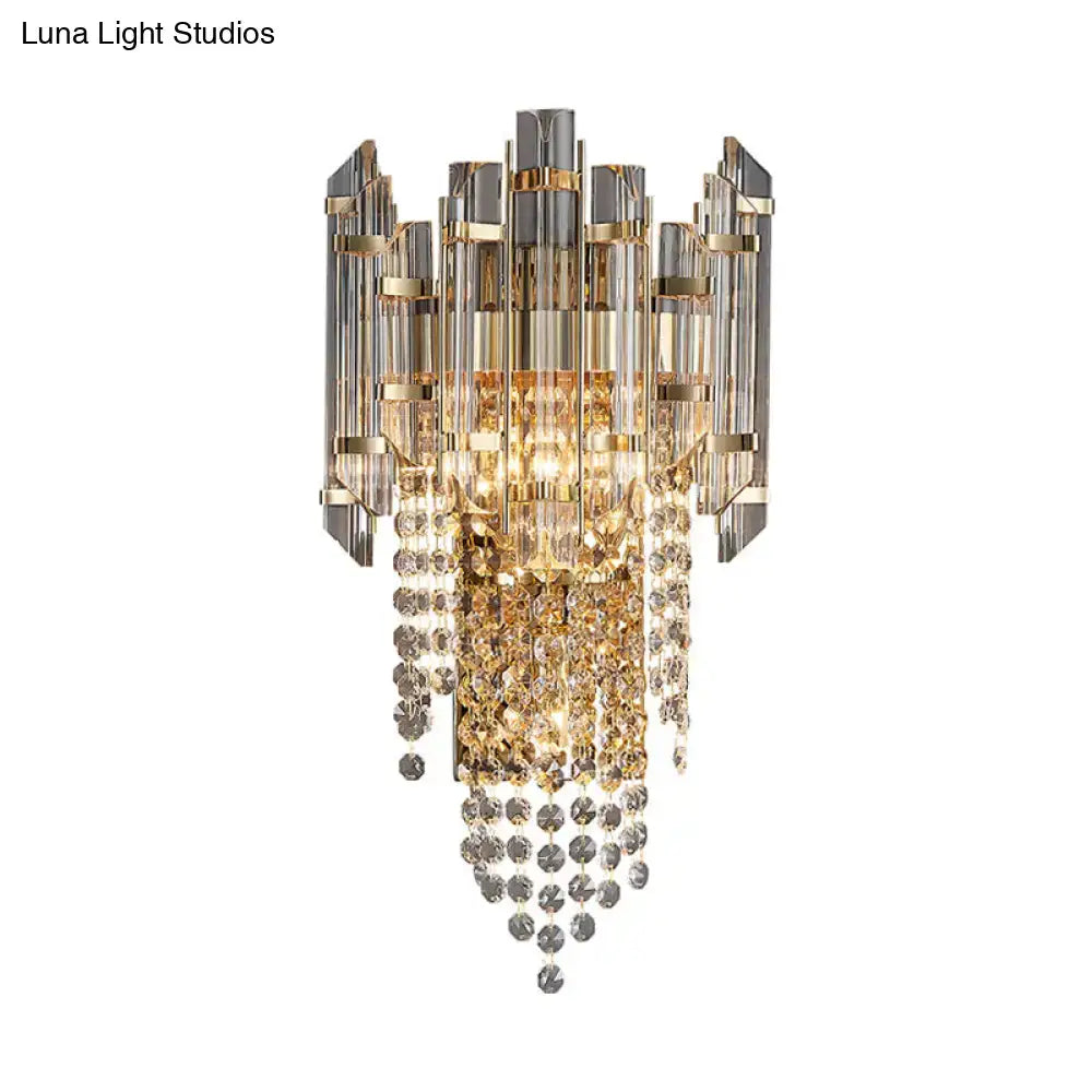 Gold and silver-toned smoky grey crystal chandelier with vertical glass rods and cascading faceted beads for living room light