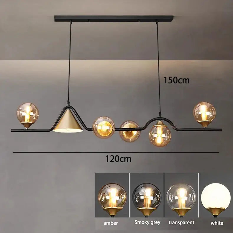 Modern smoky grey glass pendant light with five spherical bulbs and gold accents for dining room lighting