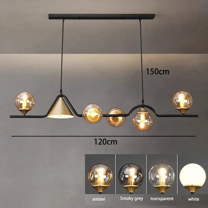 Modern smoky grey glass pendant light with five spherical bulbs and gold accents for dining room lighting