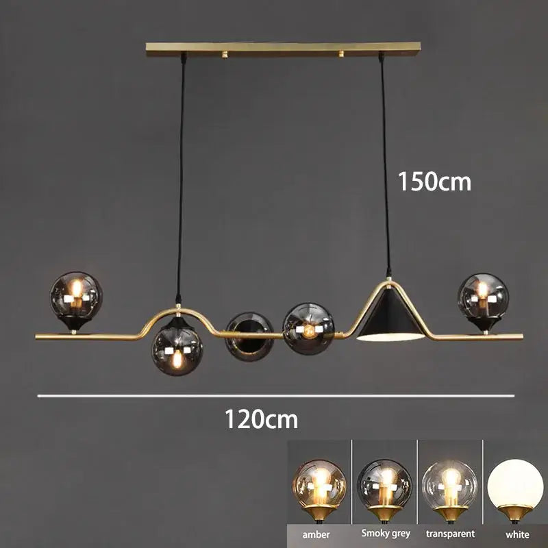 Modern pendant light with smoky grey glass and gold accents featuring five amber, smoky grey, and clear shades