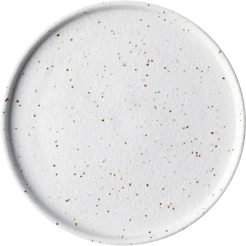Modern speckled white ceramic dinner plate set featuring a white ceramic dinner plate with subtle brown speckles