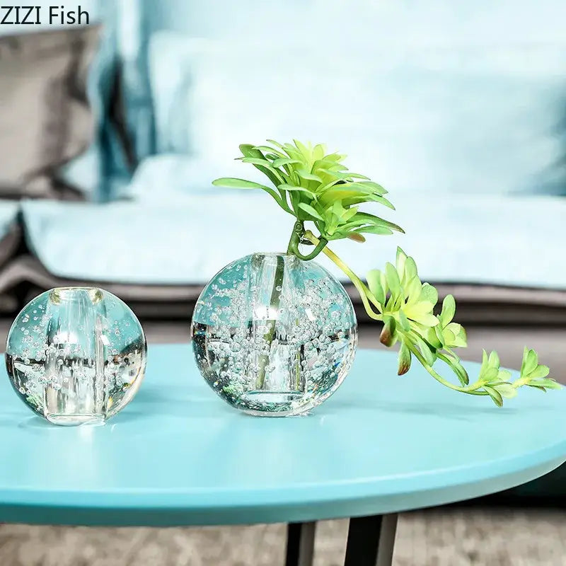 Modern spherical clear glass vase with bubbles and succulent plant for desk decoration by decorbites clear glass