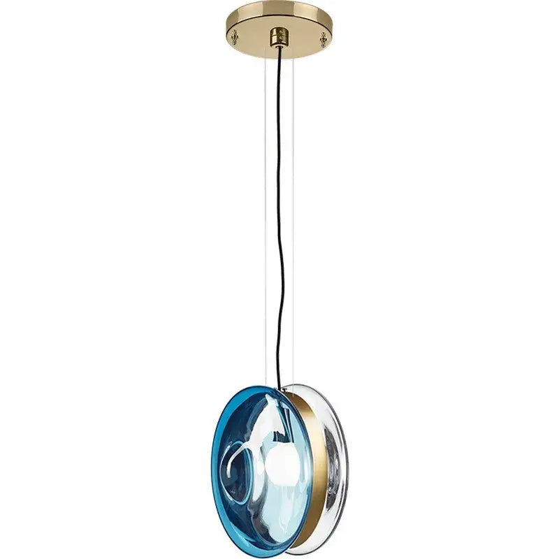 Modern spherical glass pendant lights with brass ceiling mount and overlapping blue and silver glass pendant shades for dining room