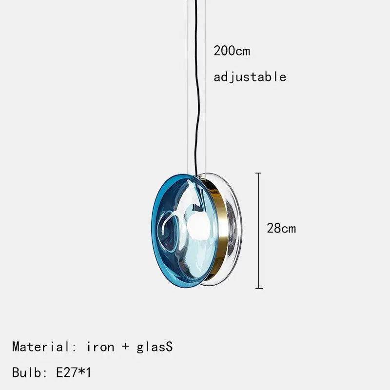 Modern spherical glass pendant lights featuring blue glass pendant lights with iron metallic accents for dining rooms