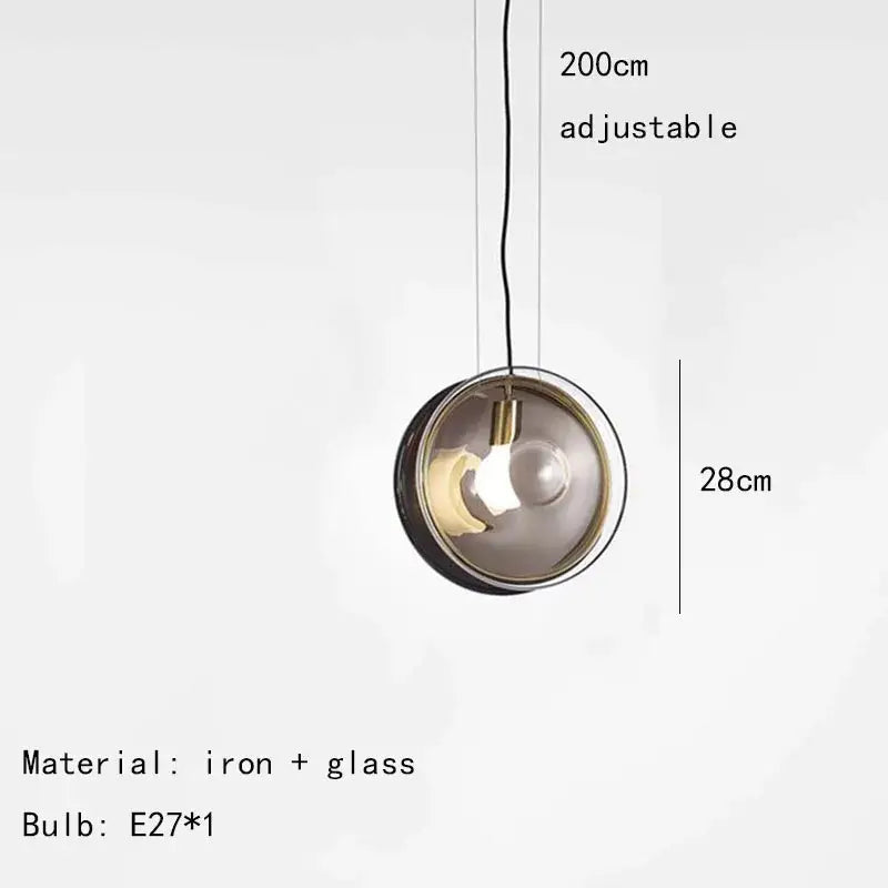 Modern spherical glass pendant light with black iron frame and smoked glass shade for dining room pendant lights