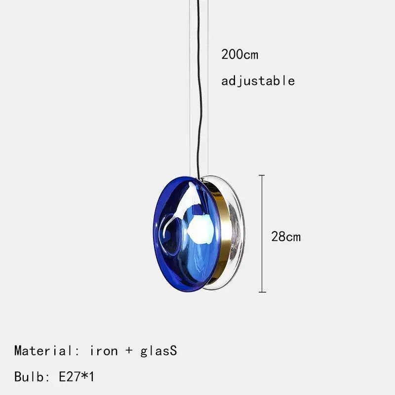 Modern spherical blue glass pendant light with metallic iron frame ideal for dining room glass pendant lights