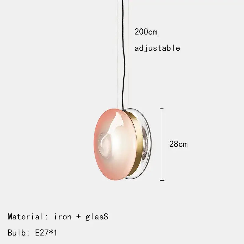 Modern spherical glass pendant light with translucent peach glass shade metallic iron frame and adjustable 200cm cord