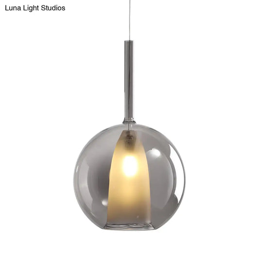 Modern Spherical Hanging Pendant Light - Smoke Gray/Clear Glass, 1 Bulb, 6"/7" Wide