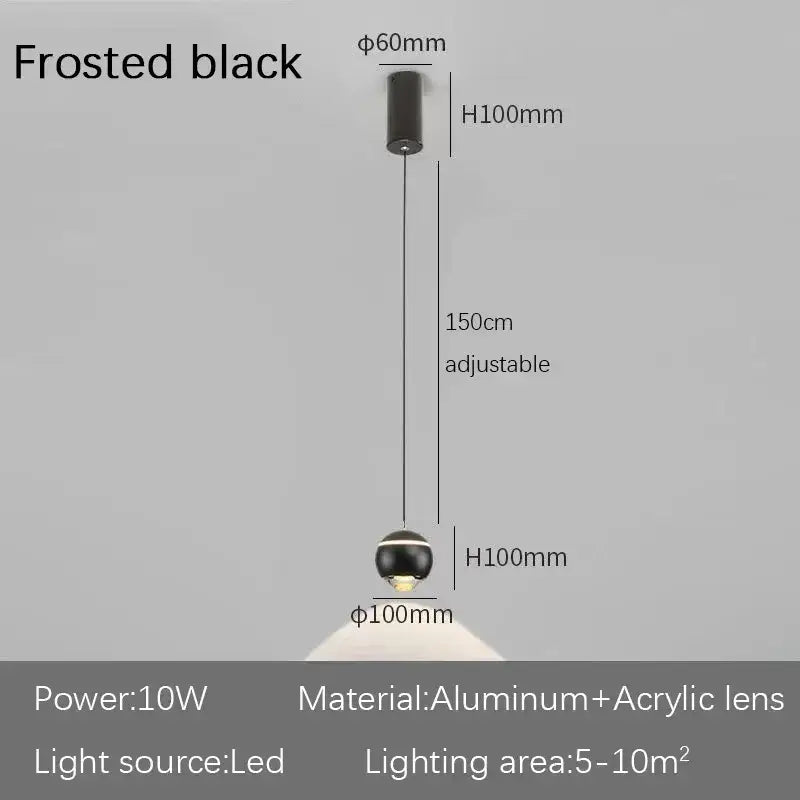 Frosted black spherical pendant light with aluminum and acrylic lens construction for decorbites led bedside decor