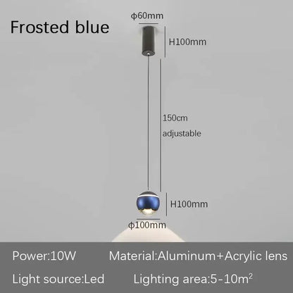 Frosted blue spherical pendant light with aluminum and acrylic lens design for modern decorbites led bedside lifting use