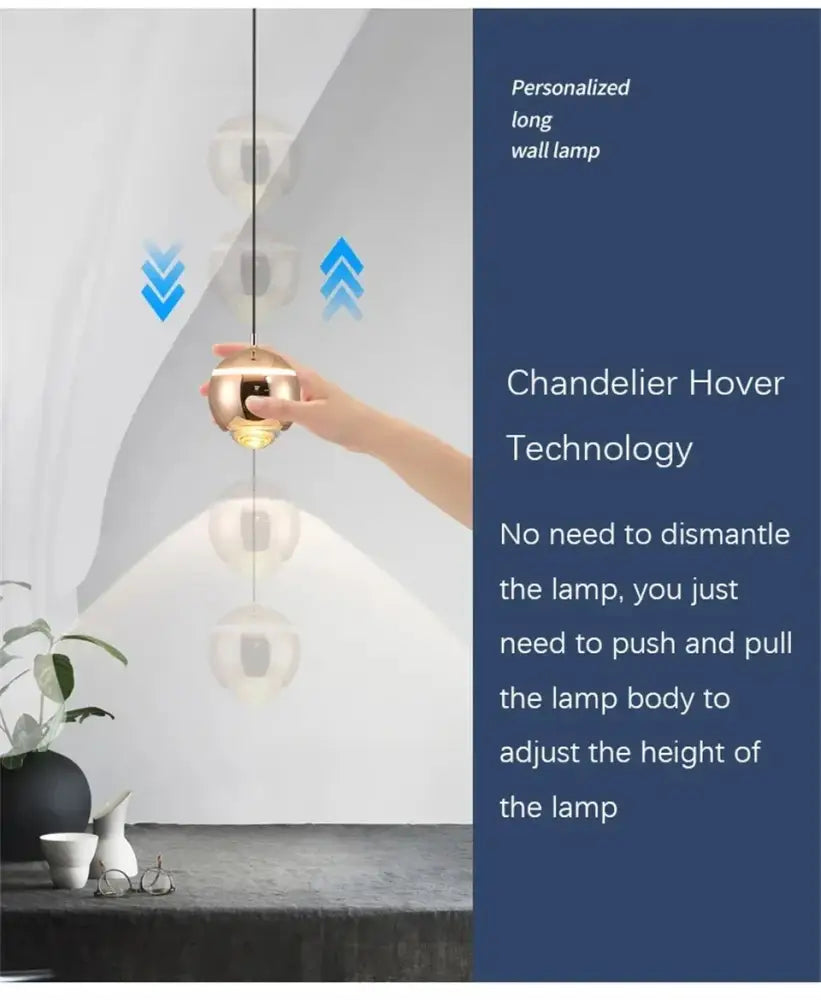 A sleek gold-toned modern spherical pendant light with transparent glass accents for decorbites led bedside lifting