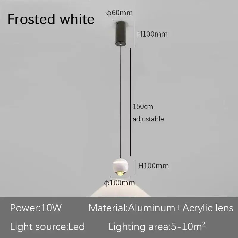 Frosted white modern spherical led bedside pendant light with aluminum and acrylic lens for bedroom decor by decorbites