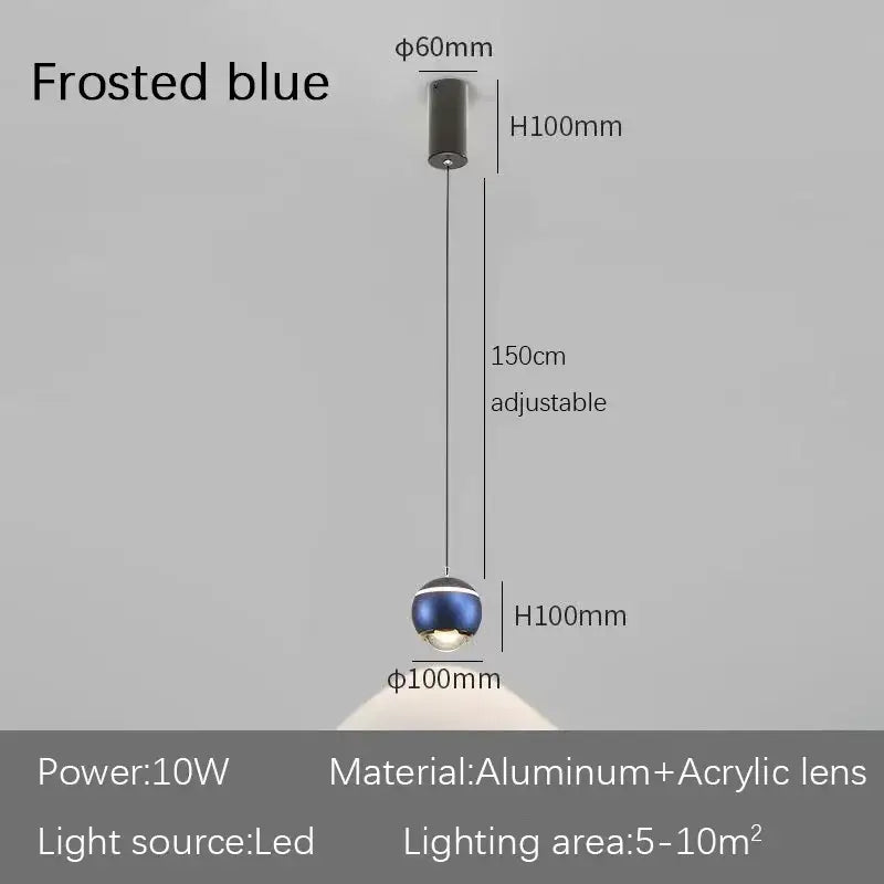 Modern spherical led bedside pendant light with frosted blue glass and sleek aluminum acrylic lens for bedroom decorbites decor