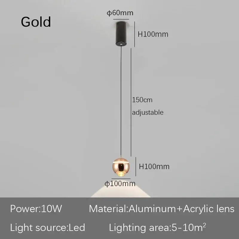 Gold spherical pendant light with sleek aluminum and acrylic lens design for modern decorbites led bedside lighting