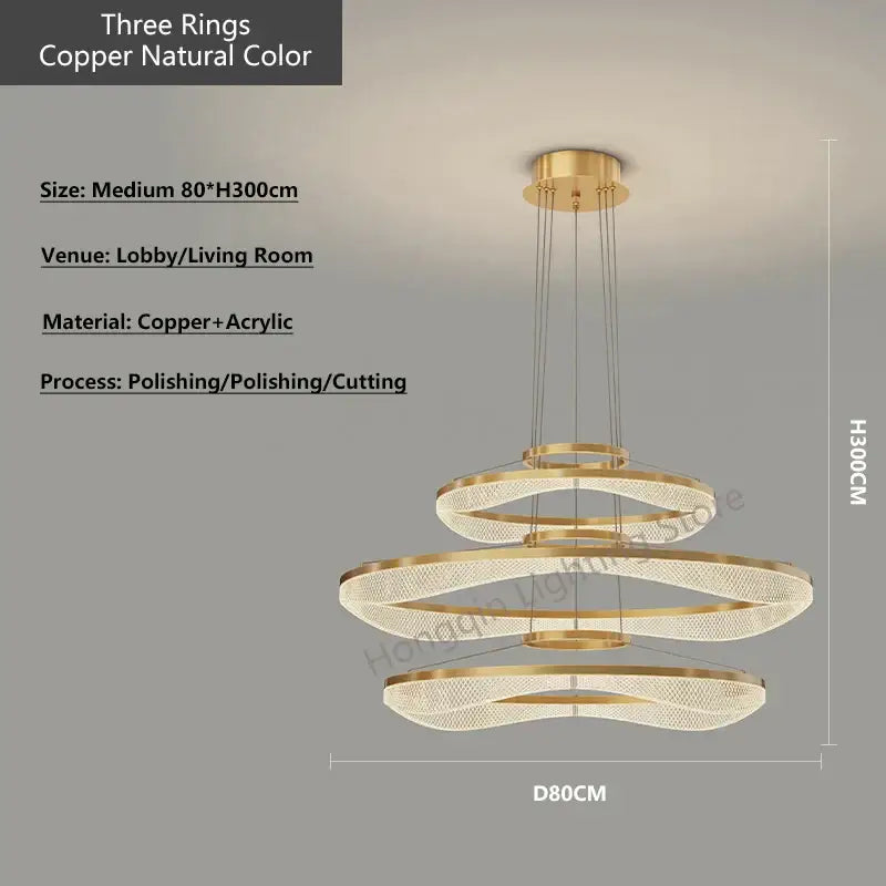 Modern spiral acrylic ring pendant light fixture with polished copper finish and crystal accents for living room lighting